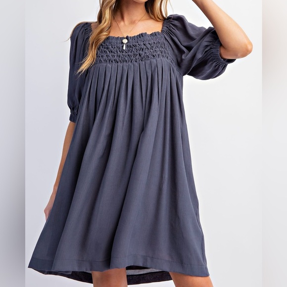🔥🔥New Boutique Pleated Babydoll Poly Crepe Dress Faded Navy - Picture 2 of 5